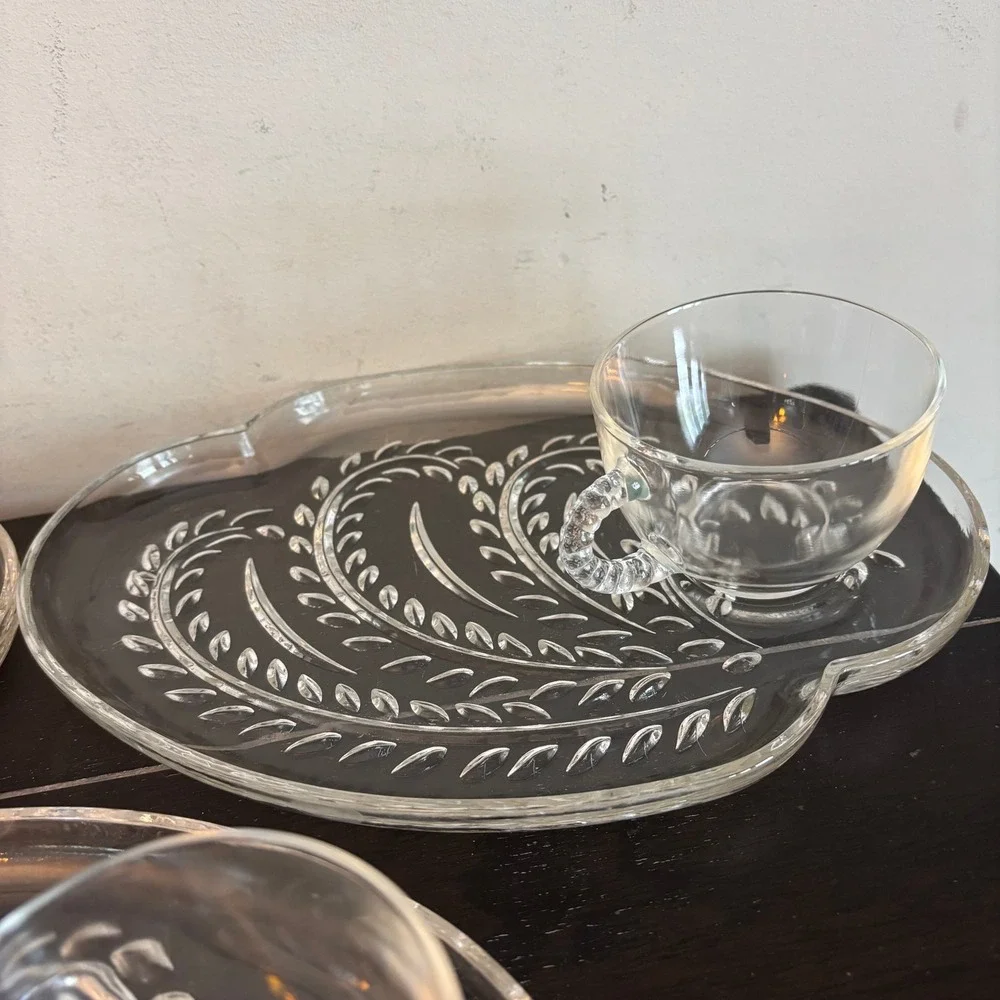 Vintage Federal Glass | Homestead | Snack‎ Set 3 Plates 3 Cups Pressed Glass MCM
